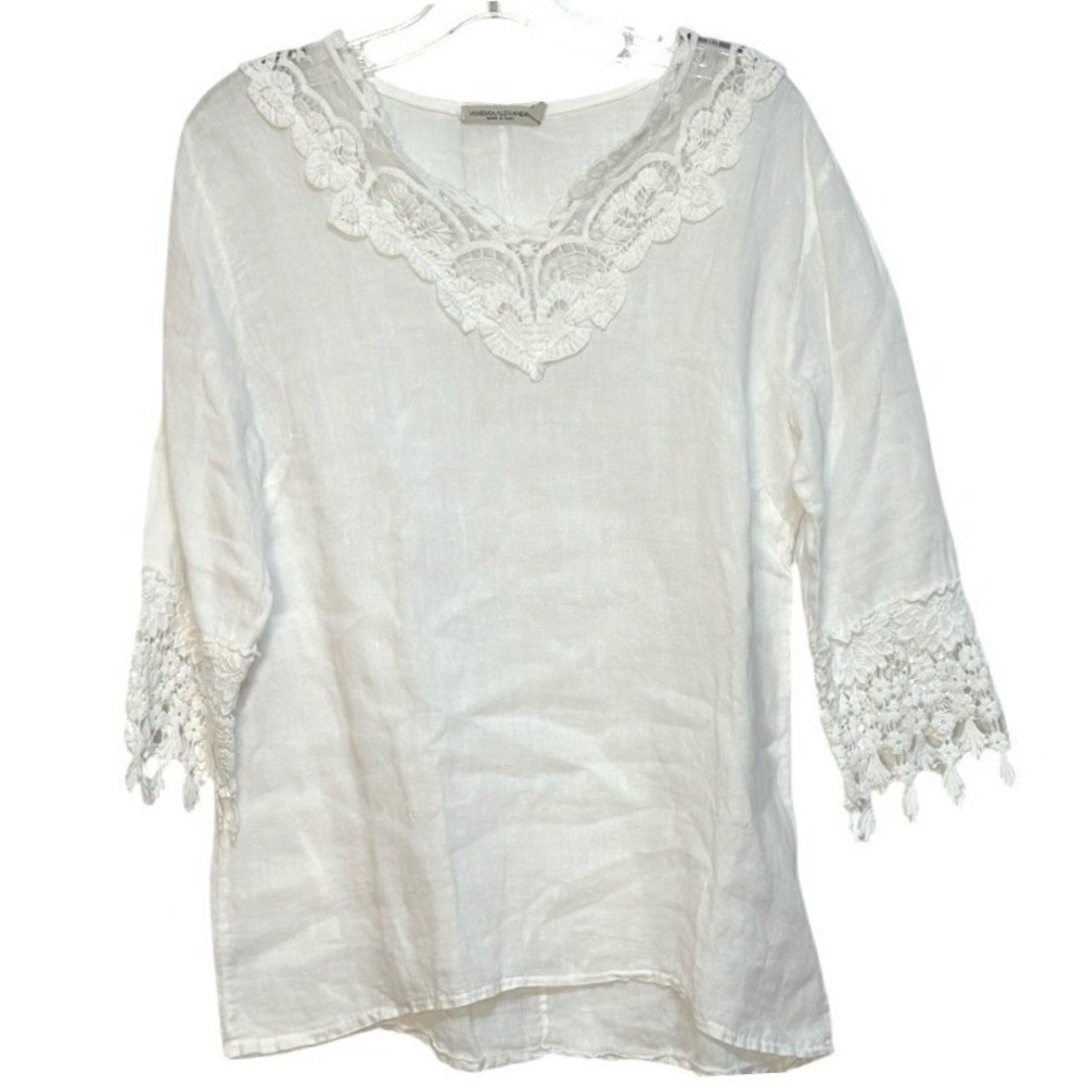 Vanessa Alexandra Tunic Women White 100% Linen Crochet Lace Boho Fairy Italy  M